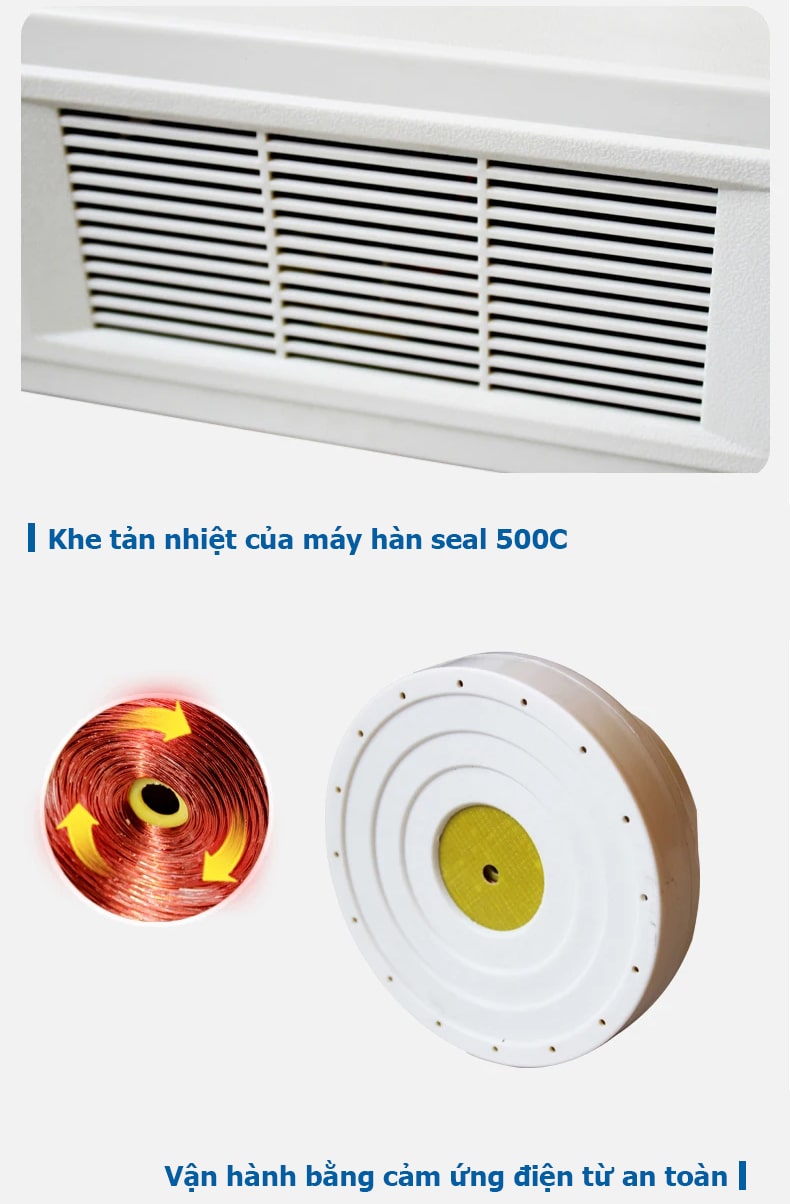 Máy hàn seal 500C có thể điều chỉnh nhiệt độ lên đến 500°C, dùng cho nhiều loại túi